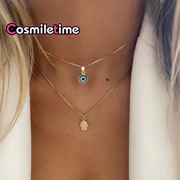 Gold Necklace 2 pieces set Choker Set Chain Devil's Eye Palm Necklace Gift Jewelry Accessories