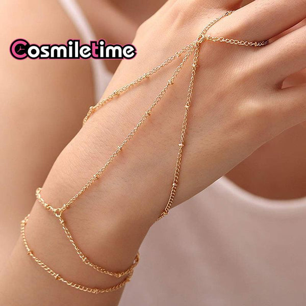 Gold Beaded Ring Bracelet One-piece Layered Ring Bracelet Party Jewelry Metal Chain Finger Cross Bracelet